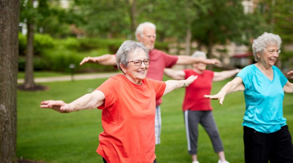 seniors practicing movement meditation, or tai chi outside 