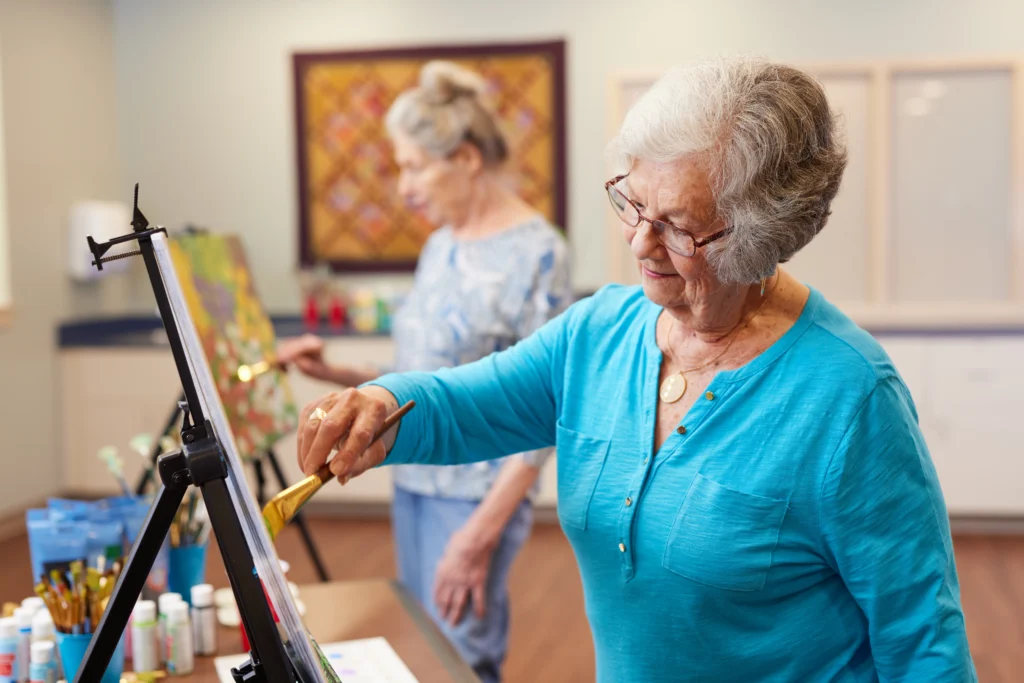 Two residents of Sedgebrook painting and exploring the active indenpendent senior living lifestyle in Lincolnshire, Illinois.