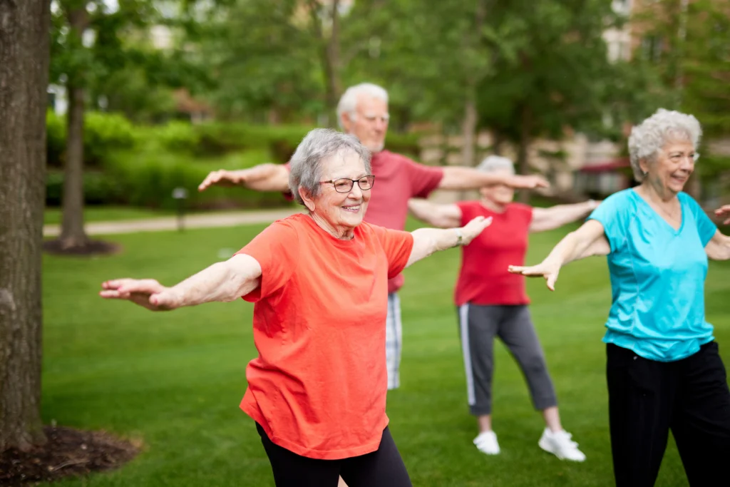 Sedgebrook residents exercise outdoors as a fun springtime activity for seniors.